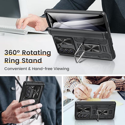 VEGO for Samsung Z Fold 5 Case, with Slide Camera Cover & Screen Protector | Built-in 360° Magnetic Kickstand Drop Protection Phone Case for Samsung Galaxy Z Fold 5 5G 2023 - Black