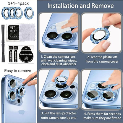 Compatible for iPhone 17/17 Pro/iPhone 17 Pro Max Camera Lens Protector Bling, Cute Sparkle Glitter Camera Cover for Women, Individual Ring, Anti-Scratch (3 Protectors + 1 Extra), Light Blue