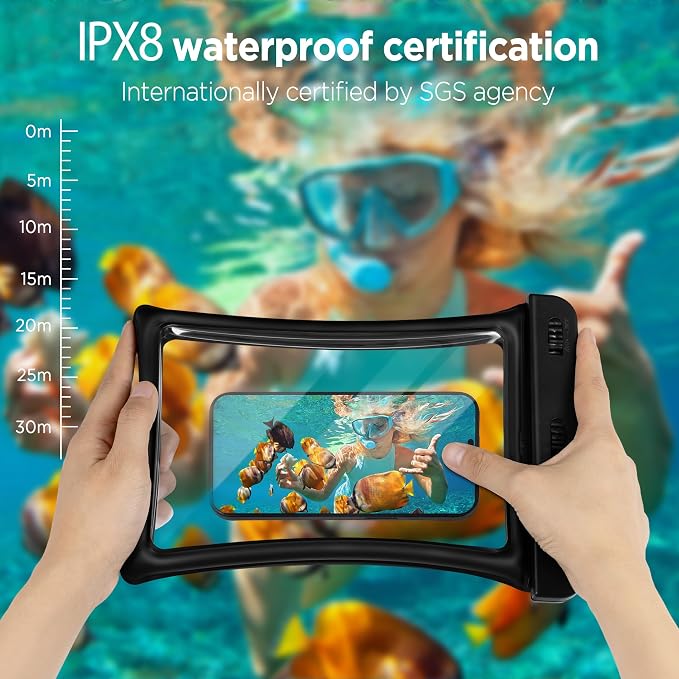CACOE [Floatable Floating Universal IPX8 Waterproof Phone case 2 Pack-Up to 10.0",Adjustable Lanyard Phone Pouch,Cellphone Dry Bags for Vacation Beach Pool Kayak Cruise Travel Essentials（Black+Pink）