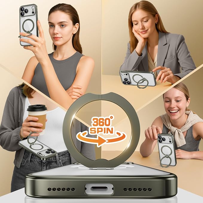 GolbinBox for iPhone 17 Pro Case with 360° Spin Magnetic Stand,[Compatible with Magsafe] [Military Protection][Built-in Ring Holder] Camera Control Phone Case for 17 Pro,Titanium Gray/Clear
