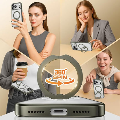 GolbinBox for iPhone 17 Pro Case with 360° Spin Magnetic Stand,[Compatible with Magsafe] [Military Protection][Built-in Ring Holder] Camera Control Phone Case for 17 Pro,Titanium Gray/Clear