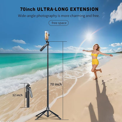 70" Tripod for Phone, Portable All in One Extendable Cell Phone Tripod Stand, Tall Travel Tripods for Recording Video Selfies Photo, with Wireless Remote Control for iPhone、Samsung、Camera、Android