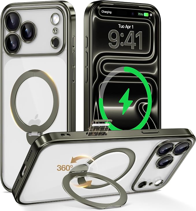 GolbinBox for iPhone 17 Pro Max Case with 360° Spin Magnetic Stand,[Compatible with Magsafe] [Military Protection][Built-in Ring Holder] Camera Control Phone Case for 17 Pro Max,Titanium Gray/Clear