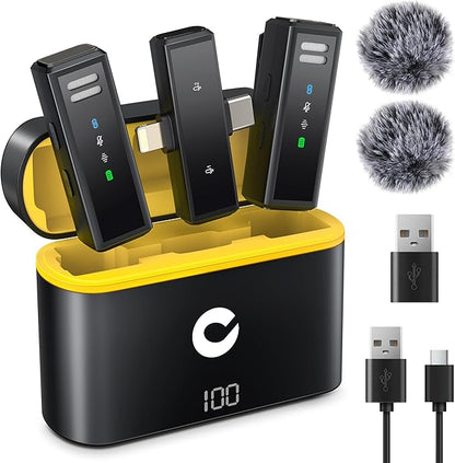 CAHAYA Microphone for iPhone Mic: YouTube Wireless Lavalier Microphone with Noise Cancelling & Charging Case 3-in1 USB-C/Lightning for PC iPhone Android 24H Battery for TikTok Vlog Studio Mic