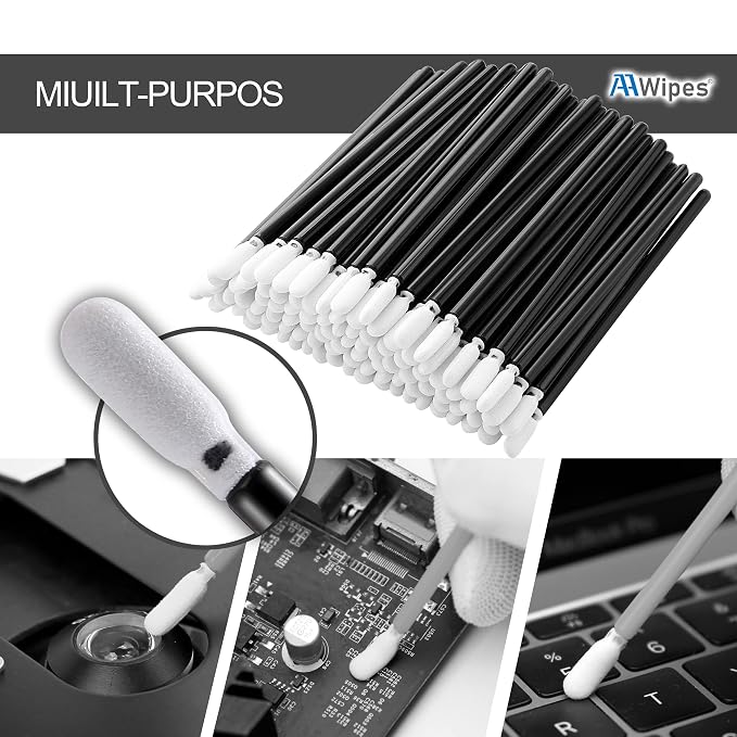 AAwipes Foam Cleaning Swab Sticks (200pcs 3.4mm Head Width Round Foam Tips, Black) Cleanroom Cleaning Swab Sponge Stick for Inkjet Printer, Camera (C709BLK)