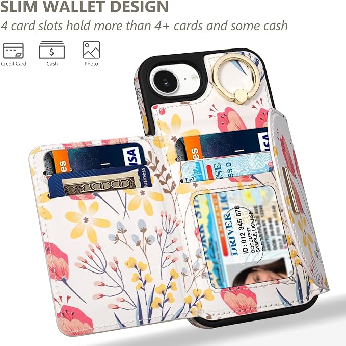 Keallce Wallet Case for iPhone 17e/iPhone 16e, Flip Case with Card Slots, Ring Holder Kickstand, PU Leather Protective Folio Cover for Women,Floral