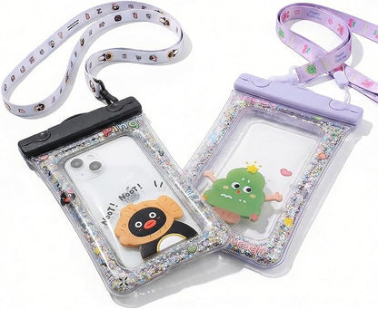 2 Pack Floating Waterproof Phone Pouch, Cute Cartoon IPX8 Dry Bag with Airbag & Adjustable Lanyard, Beach Cruise Ship Travel Essentials for iPhone 17 16 15 Pro Max, Samsung S26 - Black/Purple