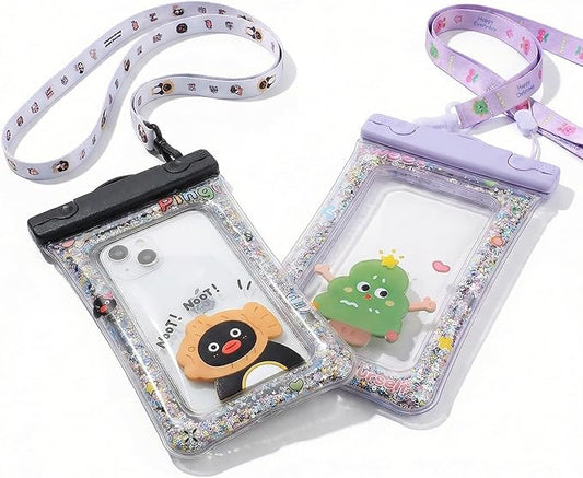 2 Pack Floating Waterproof Phone Pouch, Cute Cartoon IPX8 Dry Bag with Airbag & Adjustable Lanyard, Beach Cruise Ship Travel Essentials for iPhone 17 16 15 Pro Max, Samsung S26 - Black/Purple
