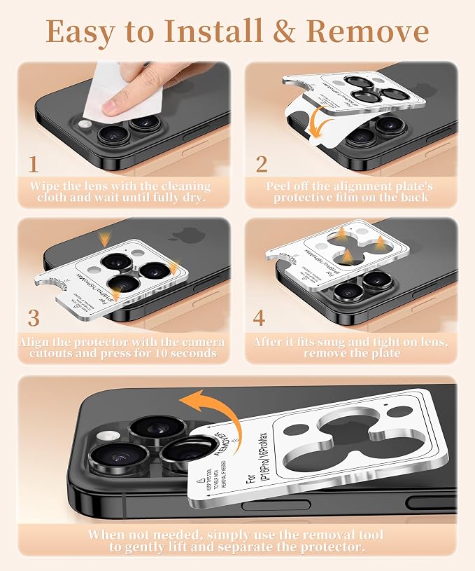 GolbinBox Camera Lens Protector for iPhone 17 Pro Max/17 Pro/16 Pro Max/16 Pro, 1:1 Invisible Fit, 9H Tempered Glass Ultra HD Metal Individual Camera Cover, Case Friendly, Black