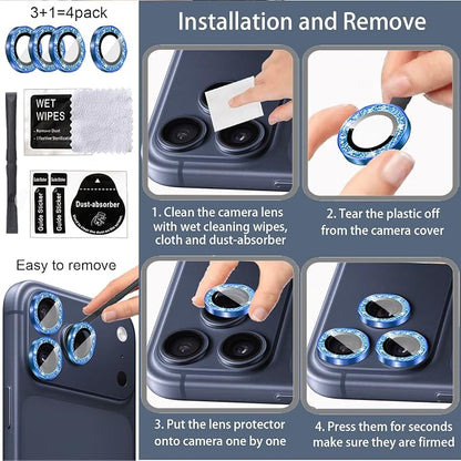 Compatible for iPhone 17/17 Pro/iPhone 17 Pro Max Camera Lens Protector Bling, Cute Sparkle Glitter Camera Cover for Women, Individual Ring, Anti-Scratch (3 Protectors + 1 Extra), Deep Blue