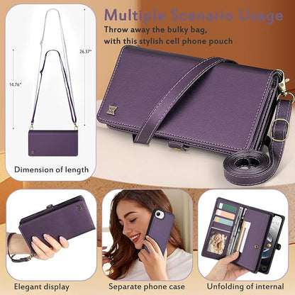 for Wallet Case Compatible with iPhone 16e / 17e ,Multi-Function Detachable 2 in 1 Magnetic iPhone 16e / 17e Case Wallet,Flip Strap Zipper Card Holder Phone Case with Shoulder Straps (Pruple)