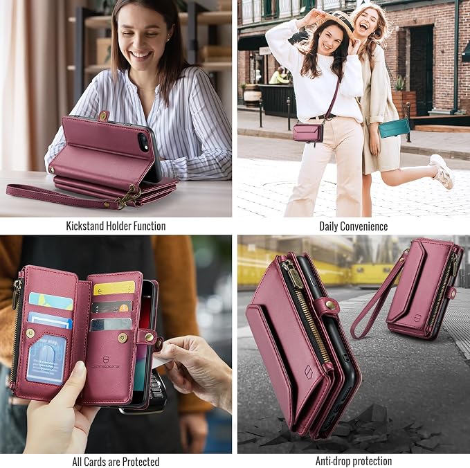 Strapurs Crossbody Wallet Case Compatible with iPhone SE/7/8 RFID Blocking 7-Card Holder Soft PU Leather Magnetic Snap Shoulder Strap Zipper Pocket Phone Cases Fit for iPhone SE 2020 2022 - Wine Red