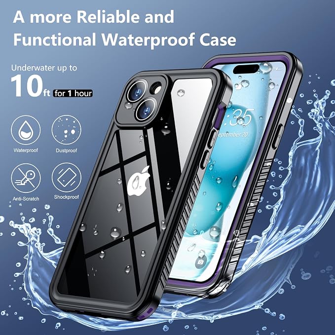 SPIDERCASE for iPhone 15 Case Waterproof, Built-in Lens & Screen Protector, Full Heavy Duty Protection, 12FT Military Shockproof, Dustproof Phone Case,Purple