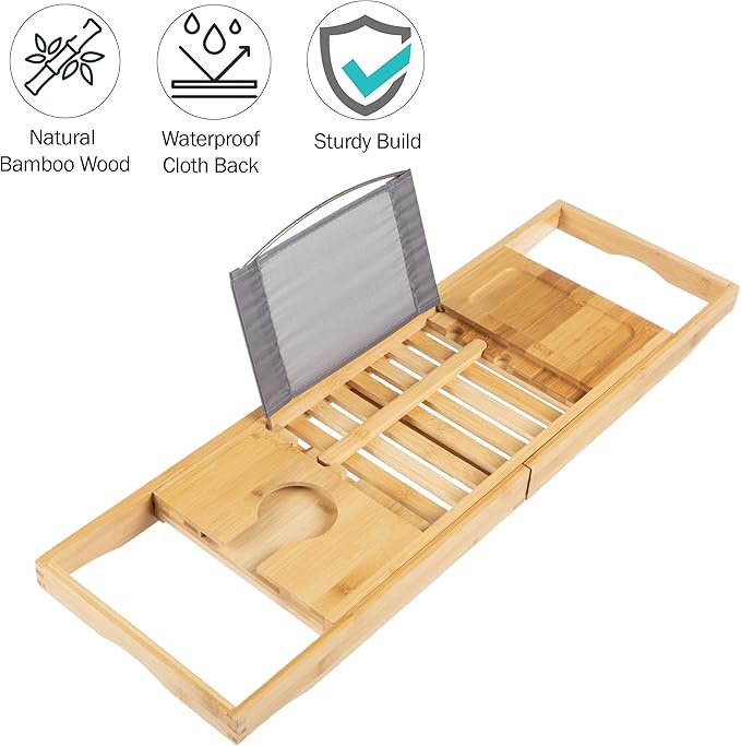 Bamboo Bathtub Tray - Wood Bath Caddy with Book, Phone, or Tablet Rest, Cup Holder, and Extended Sides for Bath Accessories by Lavish Home (Natural)