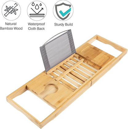 Bamboo Bathtub Tray - Wood Bath Caddy with Book, Phone, or Tablet Rest, Cup Holder, and Extended Sides for Bath Accessories by Lavish Home (Natural)
