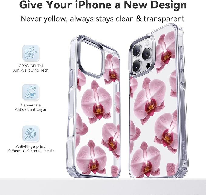 CASEKOO Pink Phalaenopsis for iPhone 16 Pro Case, [Never Yellow Technology] [12FT Military-Grade Protection] Transparent Slim Floral Cover Gril Women 16 Pro Case 6.3 inch, Pink Phalaenopsis
