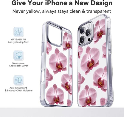 CASEKOO Pink Phalaenopsis for iPhone 16 Pro Case, [Never Yellow Technology] [12FT Military-Grade Protection] Transparent Slim Floral Cover Gril Women 16 Pro Case 6.3 inch, Pink Phalaenopsis