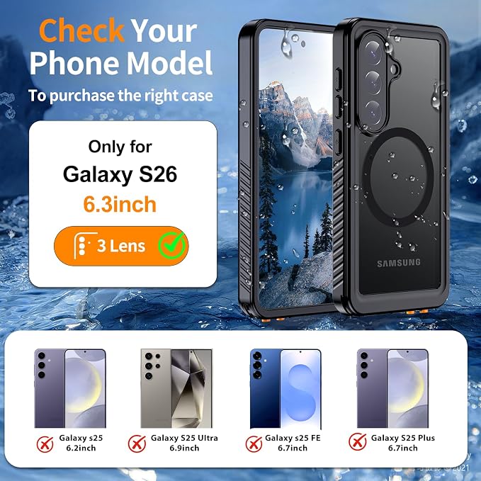 Hualele for Samsung Galaxy S26 Case Waterproof, Compatible with MagSafe, Built in Lens & Screen Protector Rugged Full Body Military Grade Drop Protection IP68 Underwater Cover for Galaxy S26 5G Black