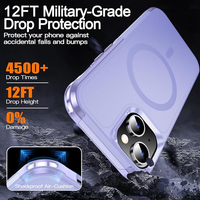 MOZOTER Magnetic for iPhone 15 Case with [2 Pcs Glass Screen Protector],[15 FT Shockproof][Compatible with Magsafe][Heavy Duty] iPhone Case for iPhone 15,Light Purple