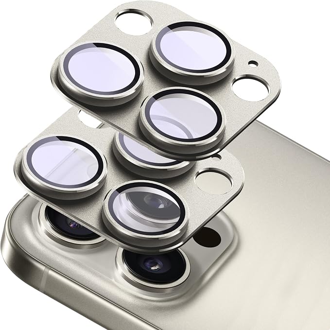 2-Pack Shatterproof Camera Lens Protector for iPhone 15 Pro/15 Pro Max |AR Tempered Glass Strong Adsorption Metal Camera Cover Screen(Titanium Grey)