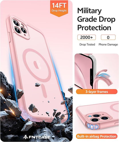 FNTCASE for iPhone 11 Pro Max Case, Fit for Magsafe, Full Camera Protection | Translucent Matte Magnetic Phone Back, 14FT Military Grade Drop Proof, Slim Shockproof Protective Cover, Light Pink