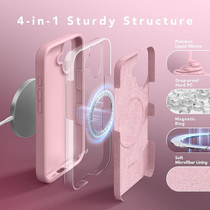 GONEZ Magnetic for iPhone 17 Case, Compatible with MagSafe, [Screen Protector + Camera Lens Protector], Liquid Silicone Anti-Scratch Shockproof Protective Phone Case 6.3 inch, Peach Pink
