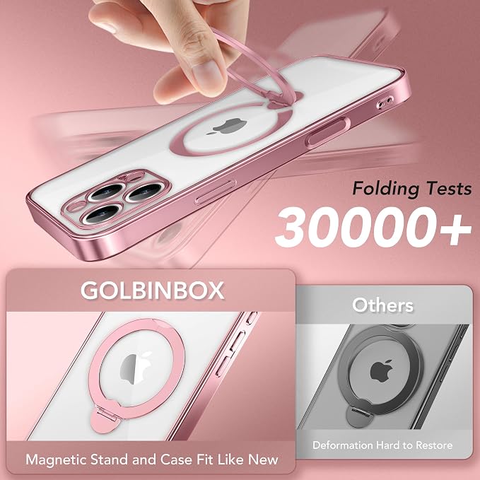 GolbinBox for iPhone 16 Pro Case with 360° Spin Magnetic Stand,[Compatible with Magsafe] [Military Protection][Built-in Ring Holder] Camera Control Phone Case for 16 Pro,Pink/Clear