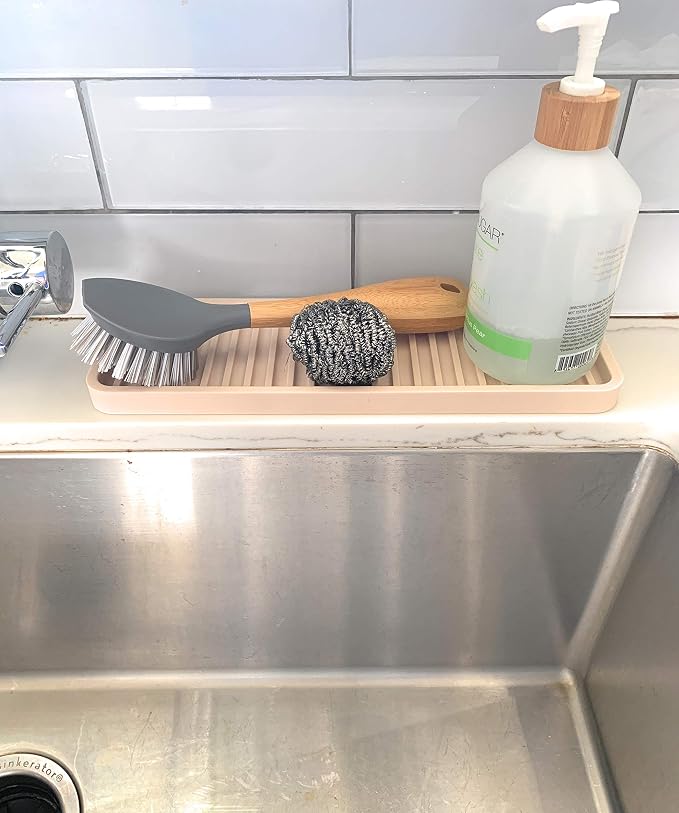 Happitasa Silicone Kitchen Sink Organizer Tray, Sponge Holder and Countertop Protector | Bathroom and Kitchen Soap Dish and Dispenser Tray (Sand Dollar, 12"x4")