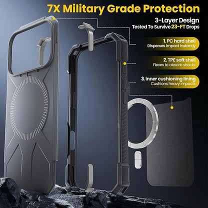 3 in 1 for iPhone 17 Pro Max Case, [1 Screen Protector & 1 Camera Lens Protector], 7X Military-Grade Drop Protection, Fits MagSafe, Tough, Rugged & Durable Heavy Duty, Black