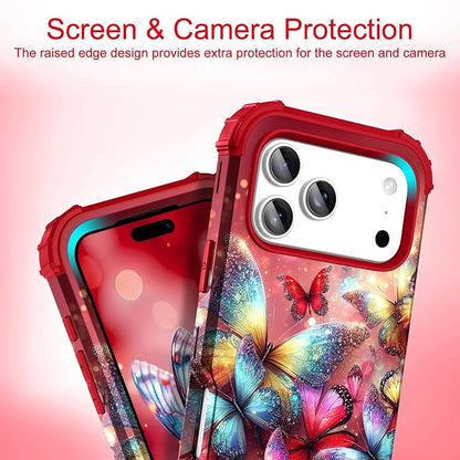 Hocase for iPhone 17 Pro Case 6.3", Heavy Duty Shockproof Protection Soft Silicone Rubber+Hard Plastic Bumpers Hybrid Protective Case for iPhone 17 Pro 2025 - Shimmering Butterflies in Red