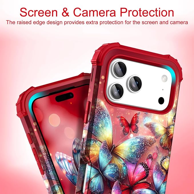 Hocase for iPhone 17 Pro Max Case, Heavy Duty Shockproof Protection Soft Silicone Rubber+Hard Plastic Bumpers Hybrid Protective Case for iPhone 17 Pro Max 2025 - Shimmering Butterflies in Red