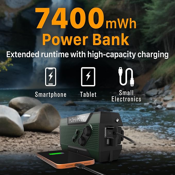 FosPower NOAA Emergency Weather Radio A1 7400mWh Portable Power Bank, AM/FM, USB/Solar/Hand Crank Charging, Battery Operated, SOS Alarm & Flashlight for Indoor/Outdoor Emergency - Green