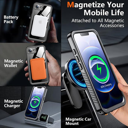 SPIDERCASE Magnetic for iPhone 16e Case iPhone 17e Case Waterproof, Built-in Screen & Camera Lens Protector[IP68 Underwater] [Military Grade Shockproof] Full Body Protection Phone Case, Black