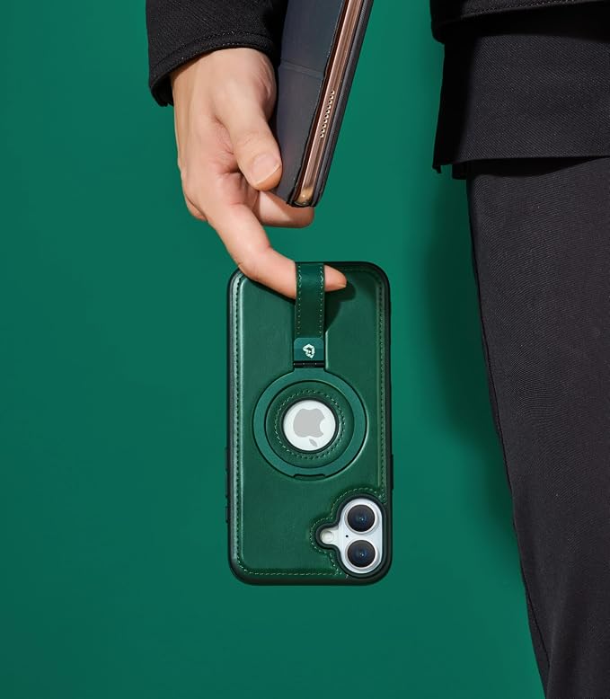 for iPhone 16 Plus Leather Case with Stand, Anti-Slip Grip Ring, Fits for MagSafe (Green, iPhone 16 Plus)