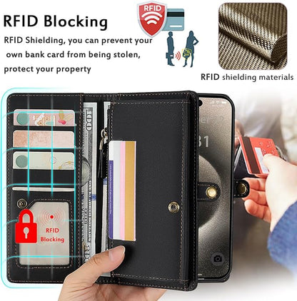 for Wallet Case Compatible with iPhone 15 Pro Max,Multi-Function Detachable 2 in 1 Magnetic iPhone 15 Pro Max Case Wallet,Flip Strap Zipper Card Holder Phone Case with Shoulder Straps (Black)