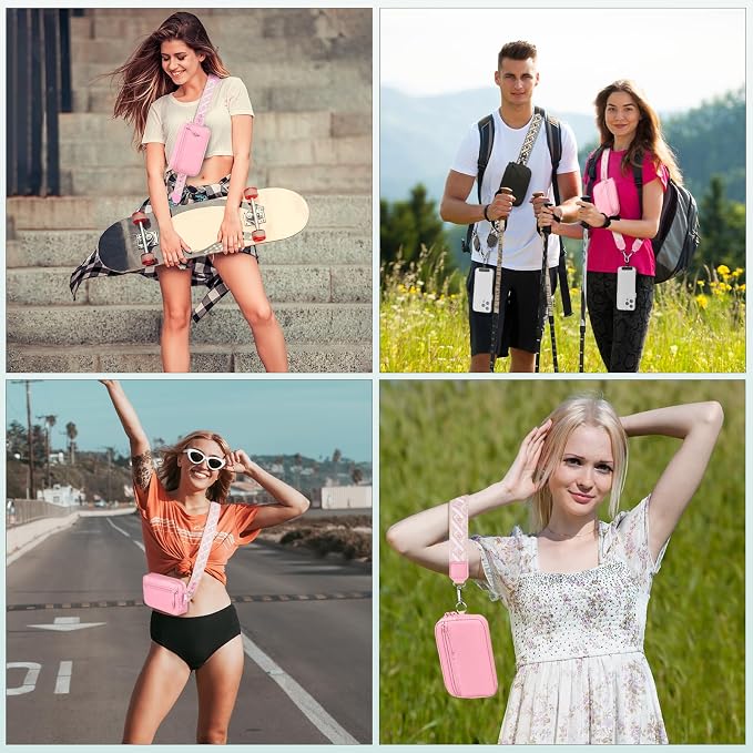 YFWE Clip and Go Strap for Phone with Wallet Crossbody, Adjustable Phone Lanyard with Detachable RFID Wristlet Wallet, Pattern Strap - Pink(L)