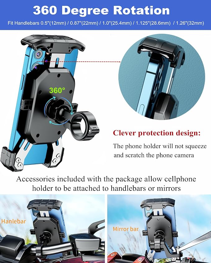 BRCOVAN Motorcycle Bike Phone Mount with Solid Aluminum Alloy Mounting Base, [1s Lock] Handlebar Cell Phone Holder for Bicycle ATV Scooter, Fit 4-7'' Smartphone