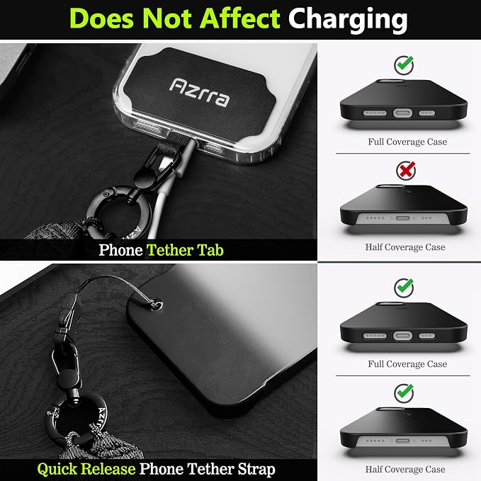 Azrra Adjustable Crossbody Cell Phone Lanyard for iPhone with Phone Tethers & Retractable ID Badge Card Holder (Solid Black)