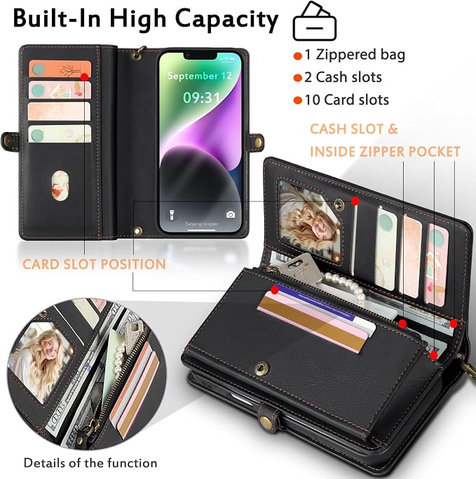 for Wallet Case Compatible with iPhone 15,Multi-Function Detachable 2 in 1 Magnetic iPhone 15 Wallet,Flip Strap Zipper Card Holder Phone Case with Shoulder Straps (Black)