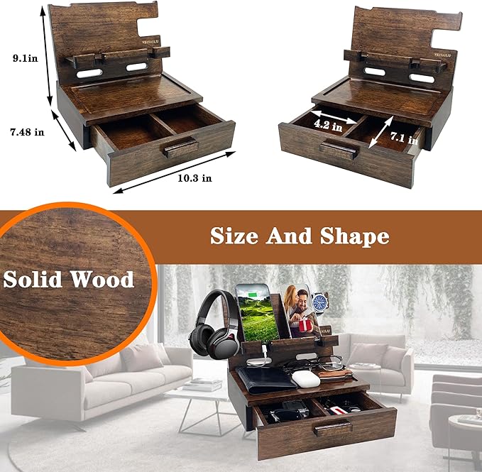 Gifts for Men Women Husband Son Boyfriend Him Nightstand Organizer Wood Phone Docking Station Birthday Gifts (Walnut) | Gifts for Men Women, Birthday Gifts