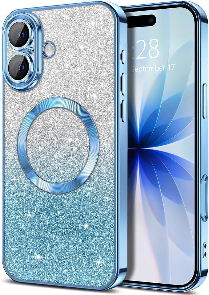 Hython for iPhone 17 Case Glitter Clear Magnetic Phone Cases [Compatible with MagSafe] Full Camera Lens Protector Sparkle Luxury Plating Slim Shockproof Protective Cover, Gradient Light Blue