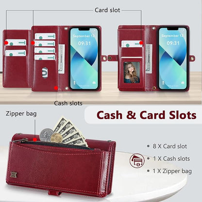 Wallet Case for iPhone 13 with Card Holder/Crossbody Wallet/Strap| RFID Blocking | Magnetic | Kickstand | Detachable | PU Leather Phone Case for iPhone 13,6.1 in,Wine Red