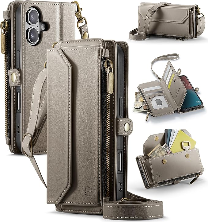 Strapurs Wallet Case Compatible with iPhone 16 6.1" RFID Blocking 7-Card Holder Soft PU Leather Magnetic Snap Shoulder Strap Zipper Pocket Phone Case Fit for iPhone 16 for Women - Grey
