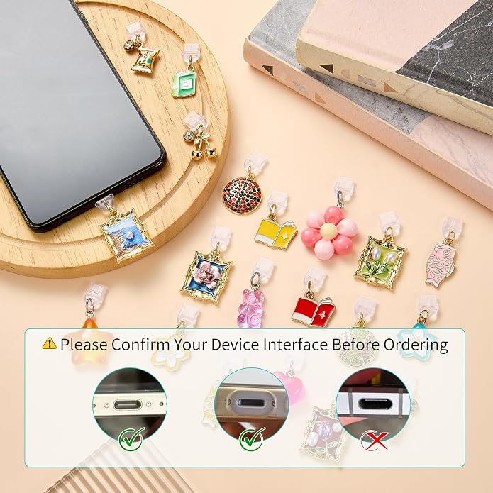 7-10Pcs Dust Plug Charm Type C with Alloy Pendants Cute Cell Phone Charms for Most Type C Phone,Readers Device