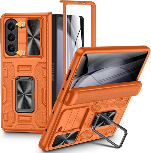 VEGO for Galaxy Fold 5 Case,with Slide Camera Cover Screen&Hinge Protector | Full Body Protection Shockproof Magnetic Kickstand Hard Phone Case for Samsung Galaxy Z Fold 5 2023-Orange