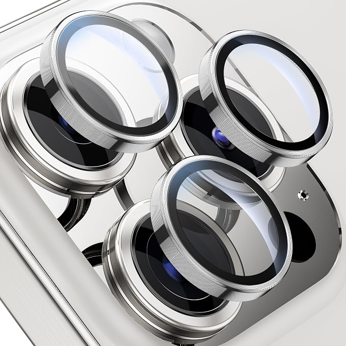 WSKEN for iPhone 15 Pro/iPhone 15 Pro Max Camera Lens Protector,[Keep Original Shooting] Shatterproof 9H Tempered Glass Camera Screen Protector Metal Ring Cover Film Accessories,Silver Titanium