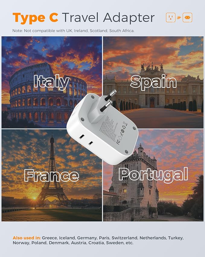 TESSAN 2 Pack European Travel Plug Adapter PD 20W, 3 USB Ports (2 USB C) | 4 American Outlets, No Voltage Conversion, Type C Plug Adapter, for Europe EU Euro Italy Spain France Greece Iceland Germany