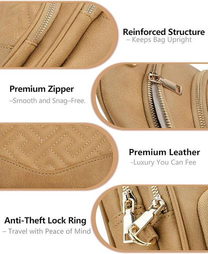 Anti Theft Crossbody Bags for Women, RFID Vegan Leather Sling Purse for Travel, Chest Bag, Cross Body Purses & Fanny Packs(Camel) | Multi-Pocket, 8 RFID Card Slots, Structured bag, Quilted Design