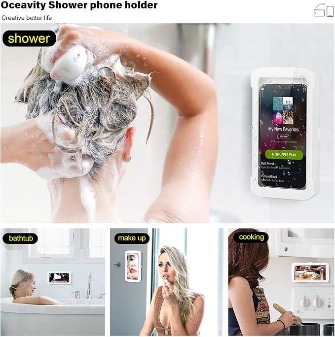 Shower Phone Holder Waterproof 360° Rotation, Mirror/Wall Mount Phone Holder for Shower Bathroom Bathtub Kitchen, Universal Shower Accessories (White)