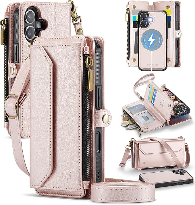 Strapurs for iPhone 17 Detachable Wallet Case Compatible with Magsafe for Women, RFID Blocking 9-Card Holder Zipper Wrist Strap Lanyard PU Leather Magnetic Phone Case for iPhone 17 6.3", Rose Gold